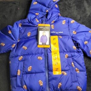 Miles the Label Kids Puffer Jacket Blue Football Print Water Resistant Size 2T